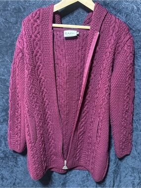 SAOL Ireland Cable Knit Zip-Front hoided Sweater Cardigan in Berry XL Womens
